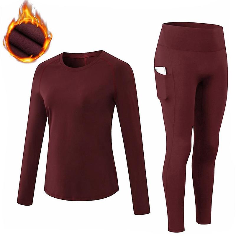 2 Pieces Women Winter Thermal Underwear Fleece Lining Thick Warm O Neck Long Sleeve Top Pants Long Johns Set Burgundy Medium